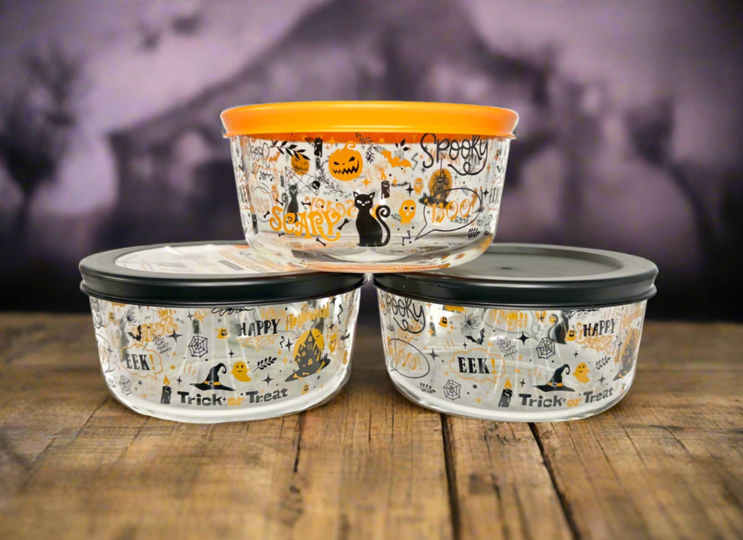 Dura Living Halloween Glass Storage Containers with Lids, 2 Cup Set Set of 6 (3 Containers + 3 Lids)-1