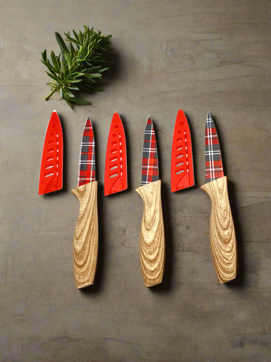3-Piece Festive Holiday Paring Knife Set with Blade Guards, Gingham-2