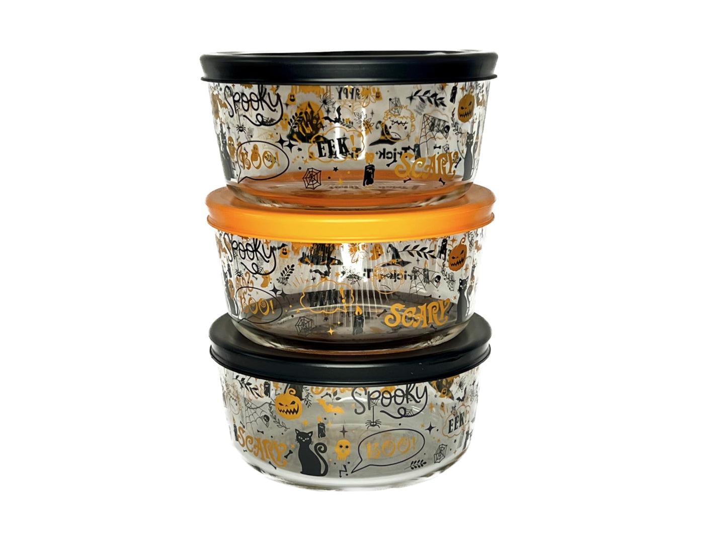 Dura Living Halloween Glass Storage Containers with Lids, 2 Cup Set Set of 6 (3 Containers + 3 Lids)-4