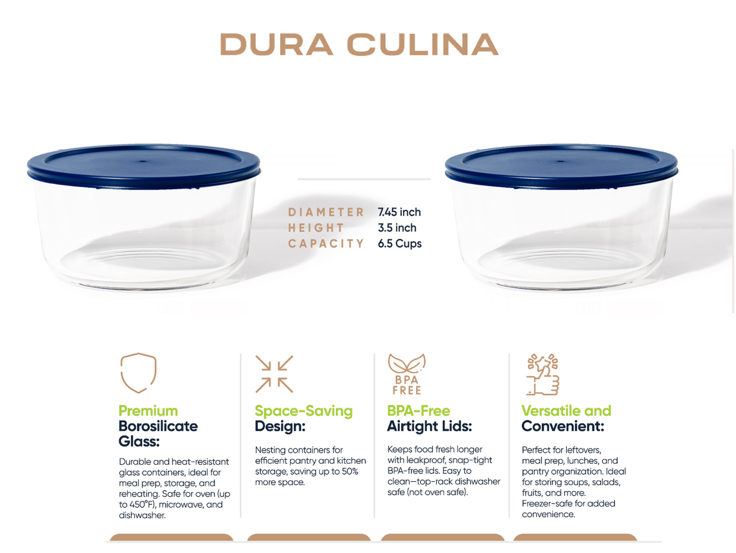 Glass Food Storage Containers - 4 Piece 6.55 Cup (2 Containers + 2 Lids) Set, Blue-1