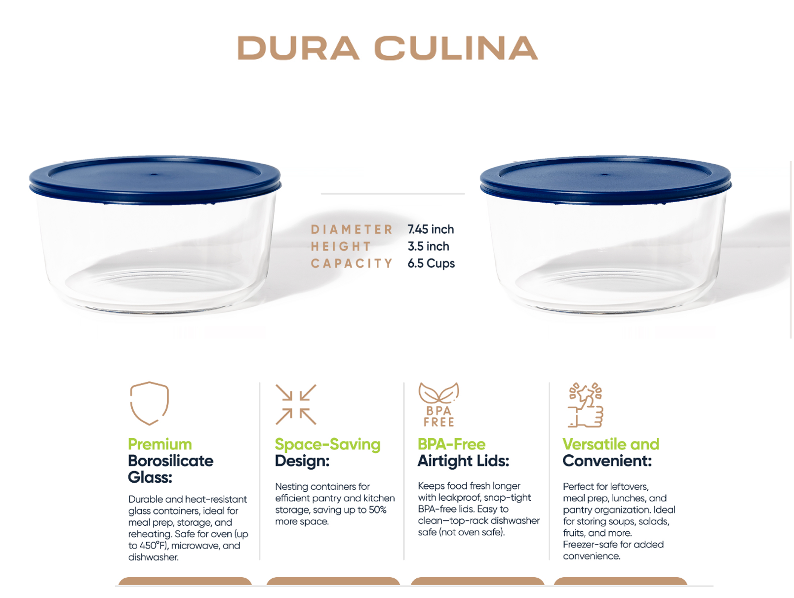 Glass Food Storage Containers - 4 Piece 6.55 Cup (2 Containers + 2 Lids) Set, Blue-1