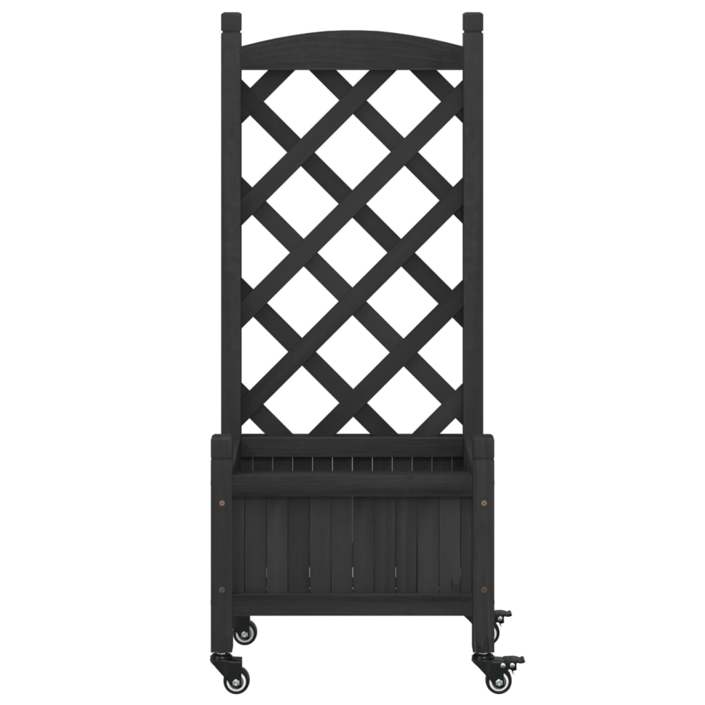 vidaXL Planter with Trellis and Wheels Black Solid Wood Fir-3
