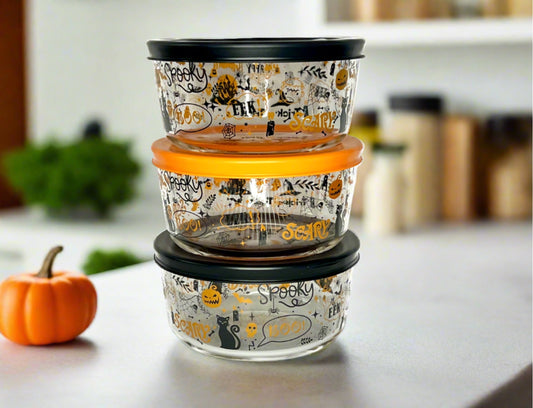 Dura Living Halloween Glass Storage Containers with Lids, 2 Cup Set Set of 6 (3 Containers + 3 Lids)-0