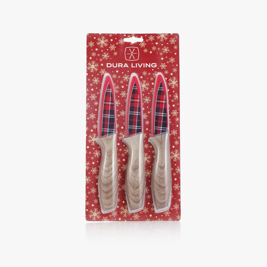 3-Piece Festive Holiday Paring Knife Set with Blade Guards, Gingham-0